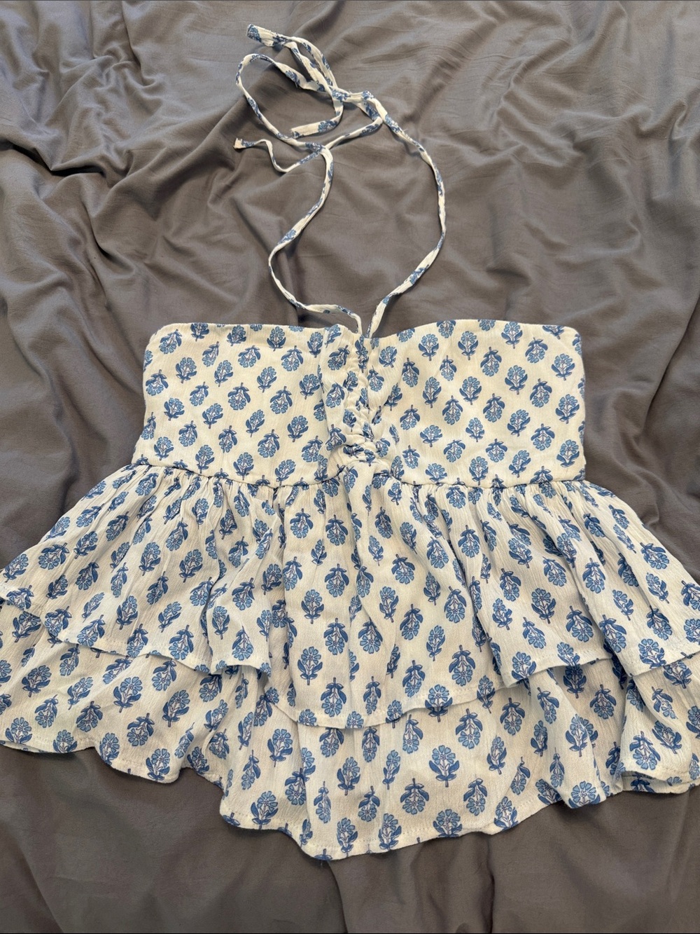 Hollister White Halter Tiered Floral Crop Top with Blue Print